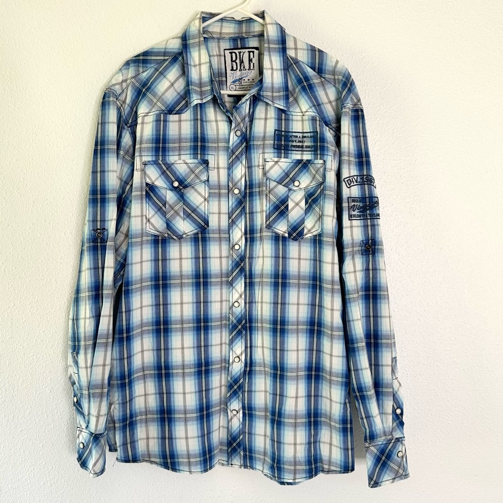 BKE Men’s Blue Pearl Snap Shirt Western XL
